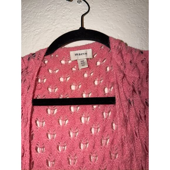 Anthropologie Maeve Pink Popcorn Duster Cardigan Open Knit Crochet OS Oversize - Picture 5 of 8